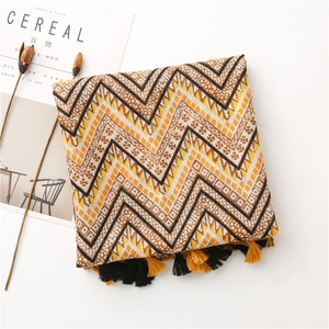 Detailed view of bohemian style geometric wave pattern scarf with colorful fringes