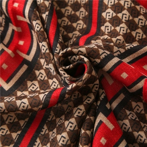 Close-up of geometric diamond pattern on high-quality knit shawl with soft texture