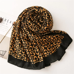 Elegant black and gold letter print linen scarf for women, lightweight winter shawl wrap