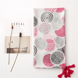 White floral cotton scarf with red tassels and geometric patterns for sun protection