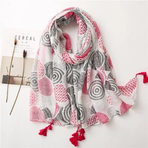 Women Long Scarf Shawl Soft Cotton Feel Polyester Floral Print Red Tassels Sun Protection Lightweight Japanese Style