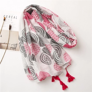 White floral cotton scarf with red tassels and geometric patterns for sun protection