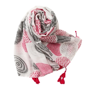 White floral cotton scarf with red tassels and geometric patterns for sun protection