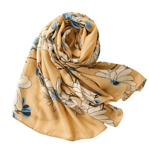 Ginger yellow scarf with blue floral prints in light chiffon fabric for women