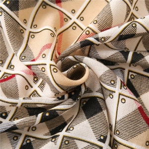 Summer cotton-linen feel scarf with beige geometric grid pattern and frayed edges