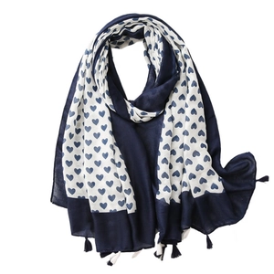Navy blue and white cotton linen scarf with heart patterns and tassel trim for women