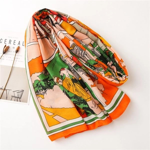 Detail view of the colorful carriage print scarf with soft silk-like fabric and striped edges