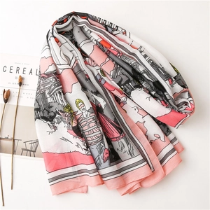 Artistic illustration scarf with light pink tones and detailed urban scenery pattern