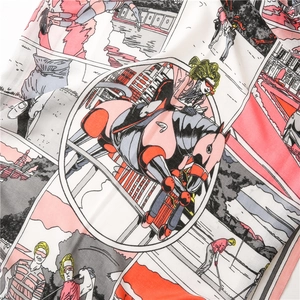Detail of soft cotton-linen shawl featuring vintage horse carriage and golf comic prints