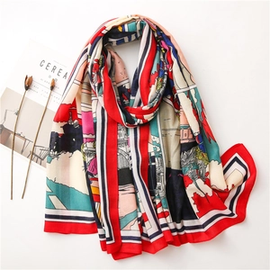 Retro pop art long scarf with red border and vibrant comic pattern on silk-like fabric