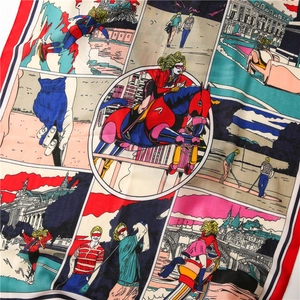 Detail of artistic comic-style carriage print on large silk scarf with vibrant colors