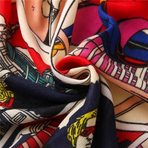 Close-up of comic print scarf showing soft texture and vibrant character patterns
