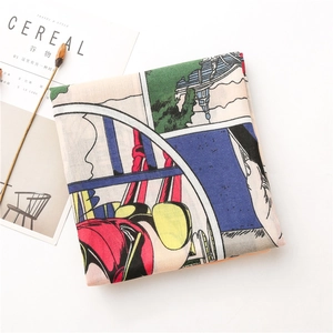 Detail shot of modern pop art printed cotton linen scarf with rich texture and vibrant colors