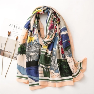 Detail of printed cotton linen scarf featuring hand-painted European architectural patterns