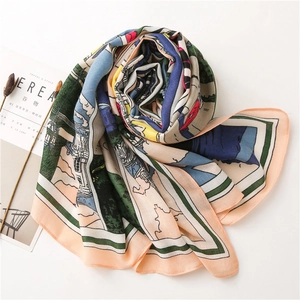 Detail of vintage comic print scarf with elegant edge stitching and soft texture