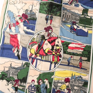 Detailed twill fabric of comic style scarf featuring horse riding and surfing scenes
