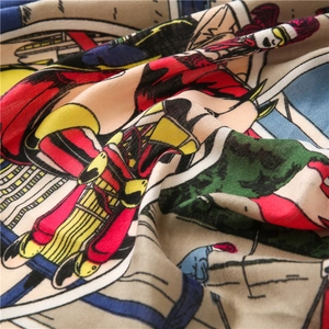 Detailed macro view of colorful retro comic print scarf with silky texture and soft folds