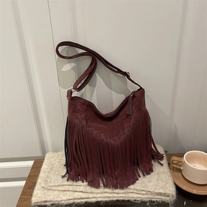 Retro burgundy fringe tote bag large hobo shoulder bag for daily commuting