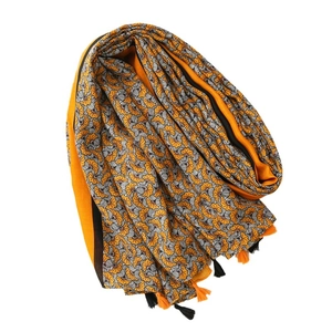 Floral cotton linen scarf in orange and black with tassels for women winter pashmina