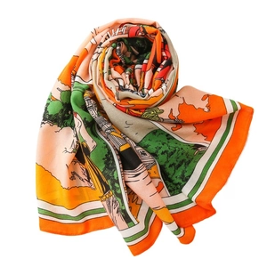 Carriage print scarf with orange and green landscape illustration in satin finish