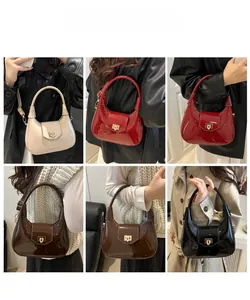 Collage of six colors of semi-circular patent leather handbags shown on models