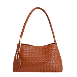 Deep brown woven leather shoulder bag with intricate diamond texture for women