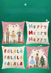 Detail view of four Christmas pillow covers with nutcracker and ballerina prints