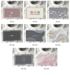 Collage showing eight patterned diatom mud bath mats with non-slip absorbent textures