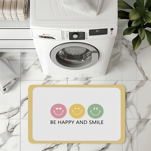 Absorbent diatomite bath mat with smile emoji design and Be Happy and Smile text
