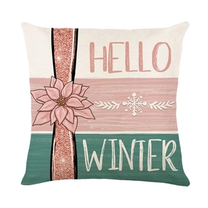 Weihnachts-Kissenbezug aus Leinen mit rosa Weihnachtsstern und Hello Winter Print