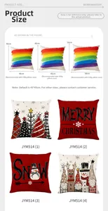 Size guide for Christmas polyester pillow covers showing 40cm, 45cm and 50cm dimensions
