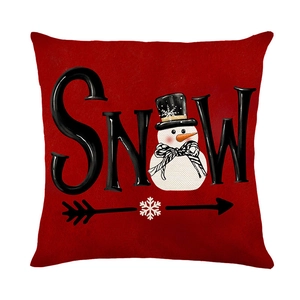 Christmas red square pillow cover with SNOW print and cute snowman for home sofa decor