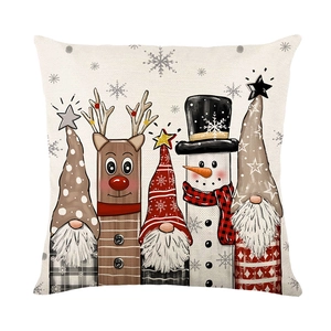 Square Christmas pillow case featuring cartoon gnomes and reindeer on beige linen fabric