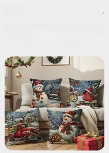 Set of four Christmas oil painting pillow covers featuring snowmen and vintage red truck
