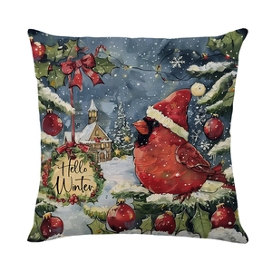 Christmas pillow cover with Hello Winter slogan and festive cardinal bird on branch