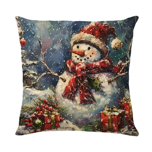 Christmas snowman pillow cover with festive oil painting style for sofa decoration