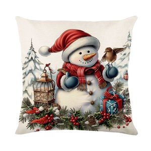 Christmas snowman pillow cover in linen texture with vintage oil painting style pattern