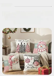 Set of 4 Christmas pillow covers with Santa and snowman patterns in a cozy home setting