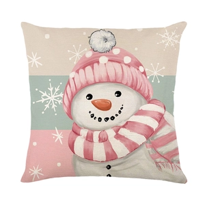 Cartoon snowman Christmas pillowcase with pink hat and snowflakes on linen texture