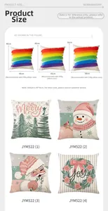 Size guide for Christmas pillow covers showing dimensions 40x40, 45x45, and 50x50 cm