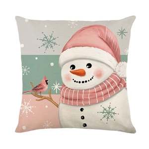 Pink Christmas snowman pillowcase with snowflake patterns on linen-textured polyester