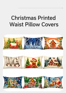 Detail view of nine Christmas pillow case designs with Santa and reindeer prints