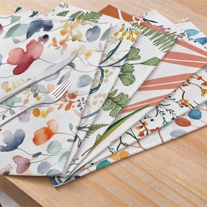 Floral cotton linen placemats set with watercolor flower prints for kitchen table decor