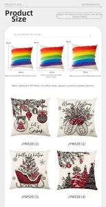 Size guide for Christmas pillow covers showing 40cm, 45cm, and 50cm dimensions with weights