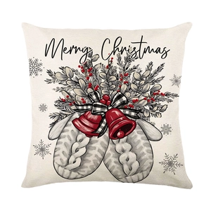 Beige Christmas pillow cover with Merry Christmas text and festive bell illustrations