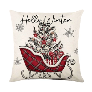 Christmas Hello Winter throw pillow case with red plaid sleigh and snowy pine tree