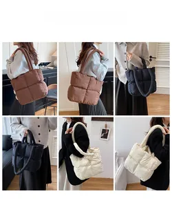 Collage of quilted tote bags in black brown and cream with padded straps for shoulder wear