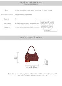 Detailed size guide for retro faux suede tote bag showing dimensions and capacity specs