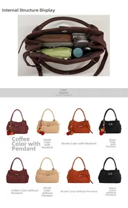 Internal view of large capacity suede tote showing storage for essentials and color variants