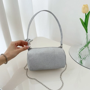 Sac à main cylindrique pailleté argenté avec chaîne en métal pour femme